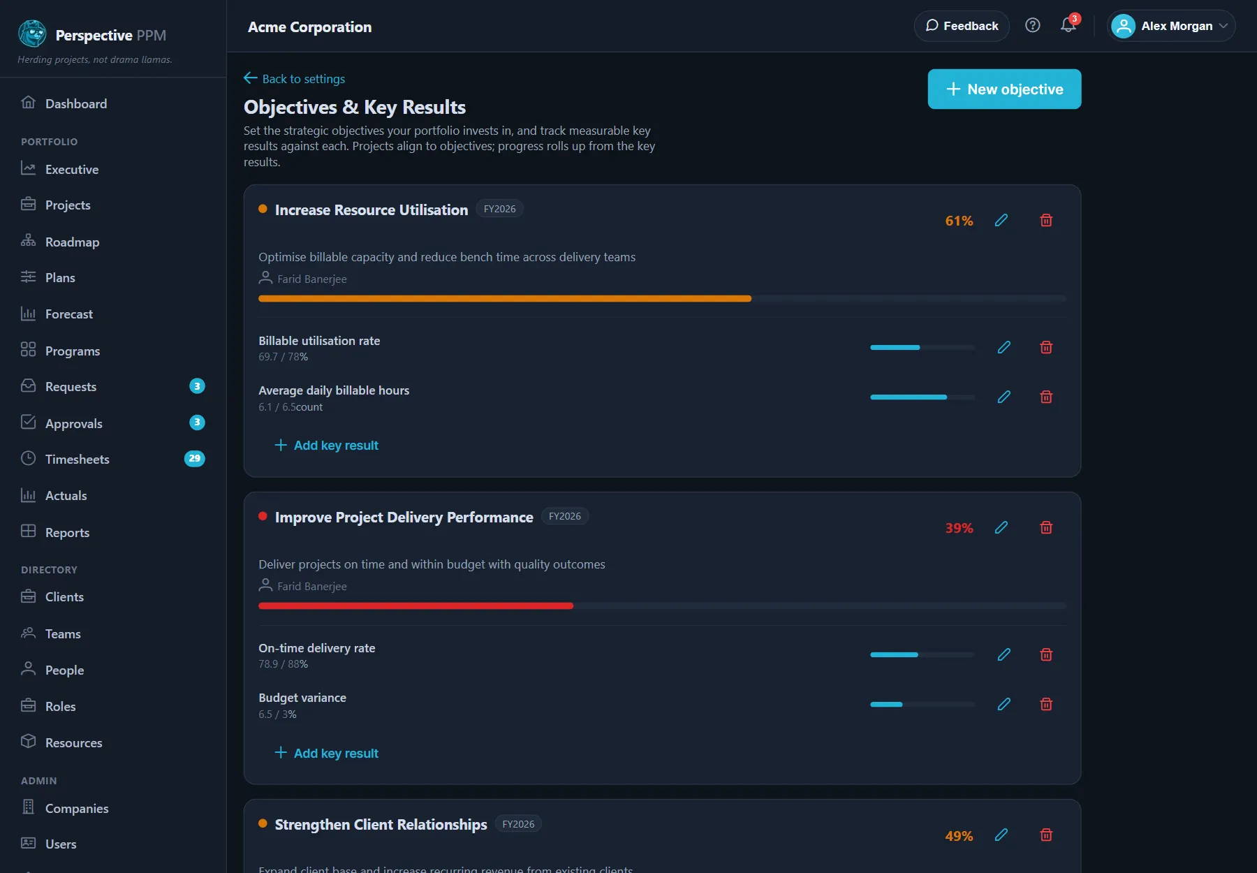 An objective with its key results, progress bars and an Auto key result