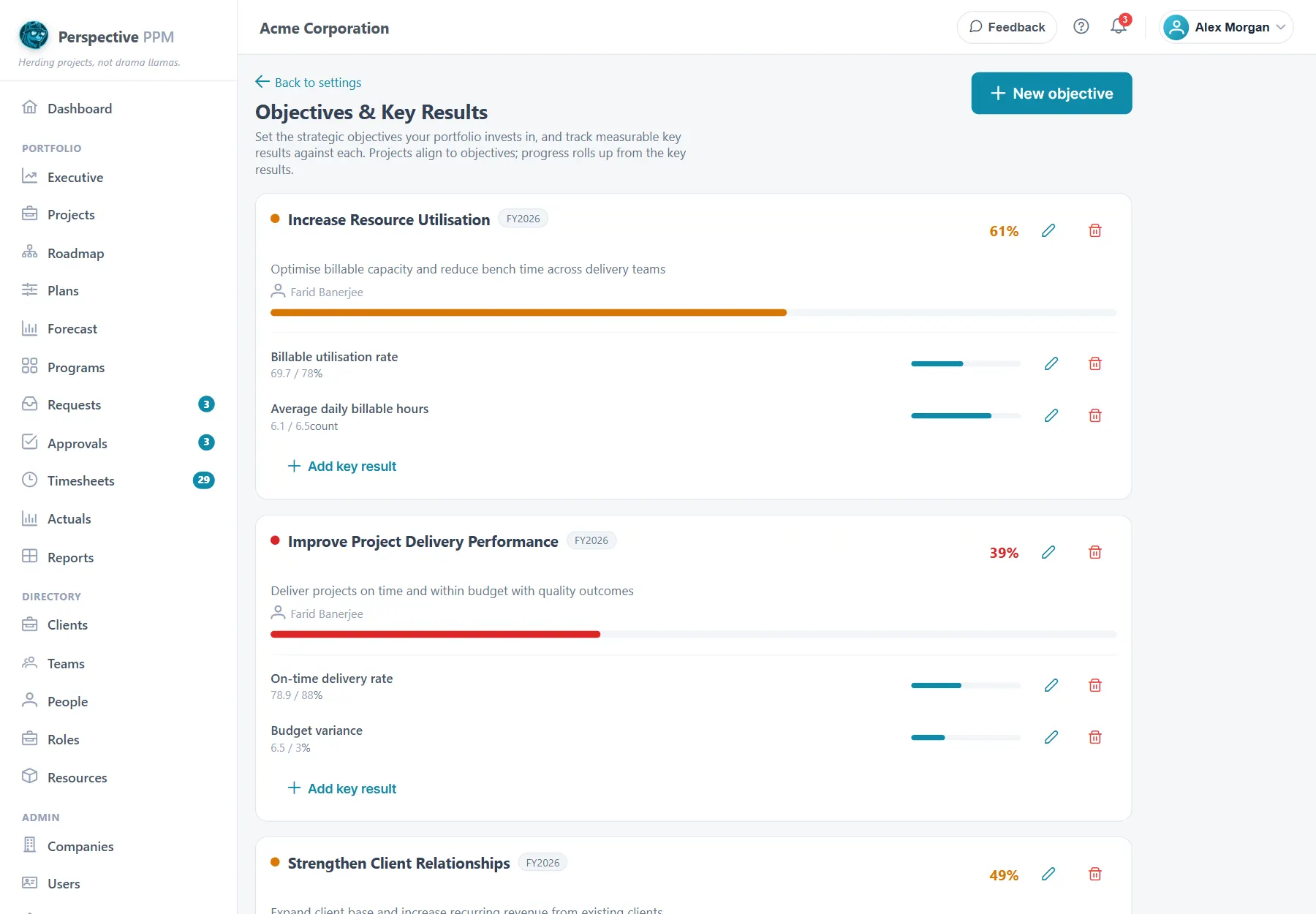 An objective with its key results, progress bars and an Auto key result