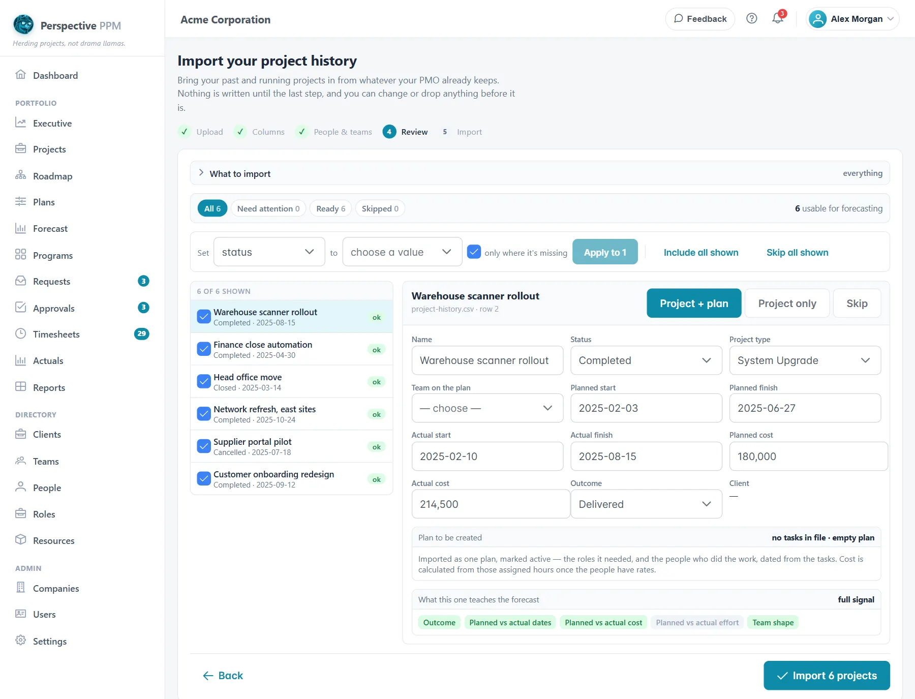 The Review step: the list of projects on the left and one project's details on the right