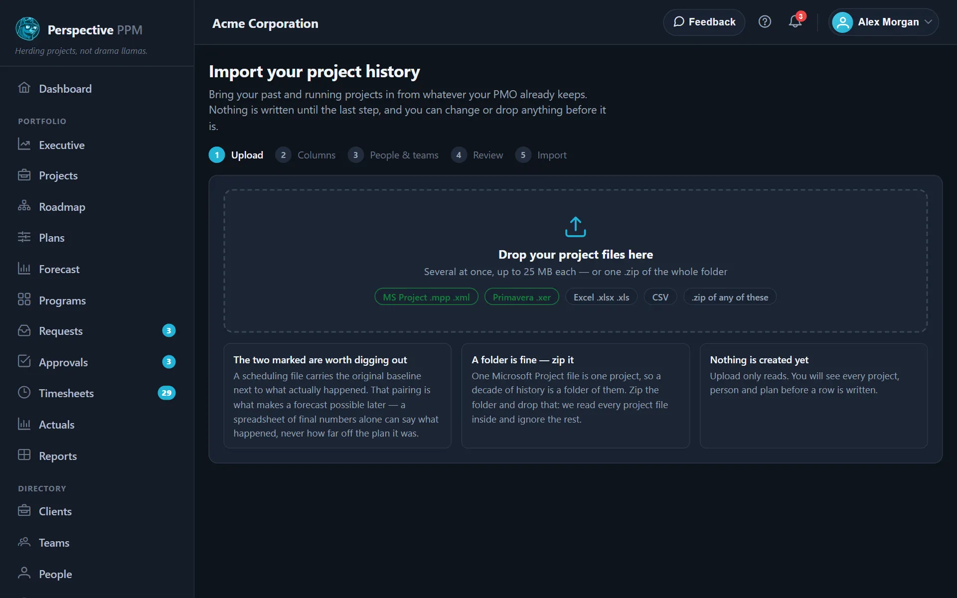 The Import your project history page, ready for files to be dropped on it