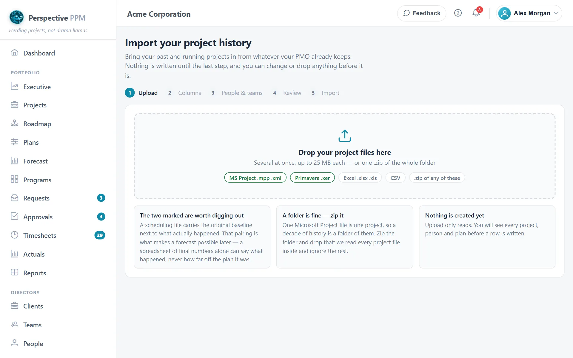 The Import your project history page, ready for files to be dropped on it
