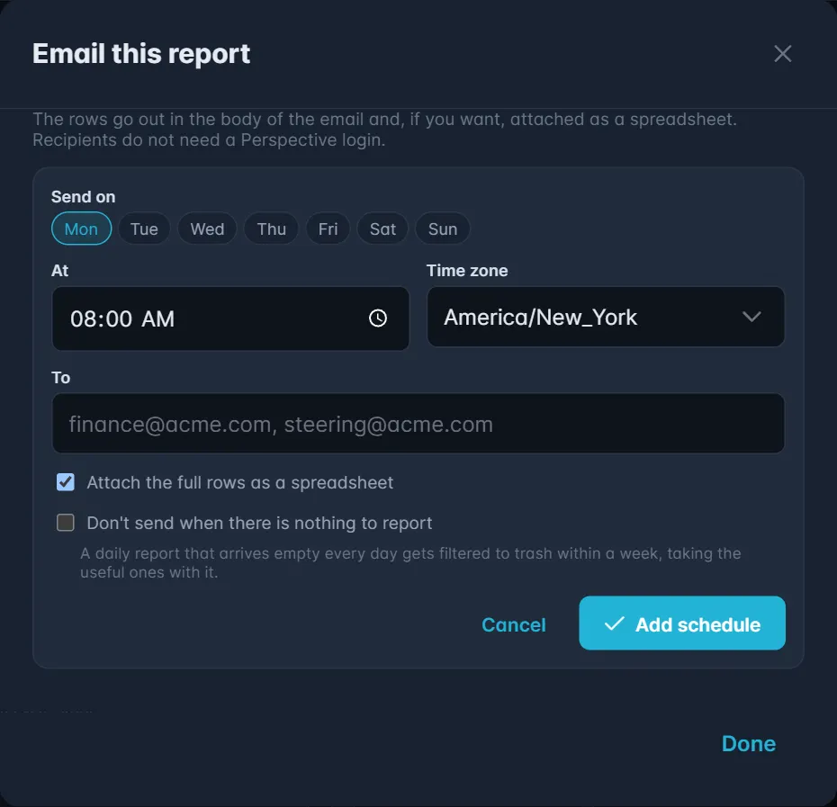 The Email this report window with days, time, time zone and recipients