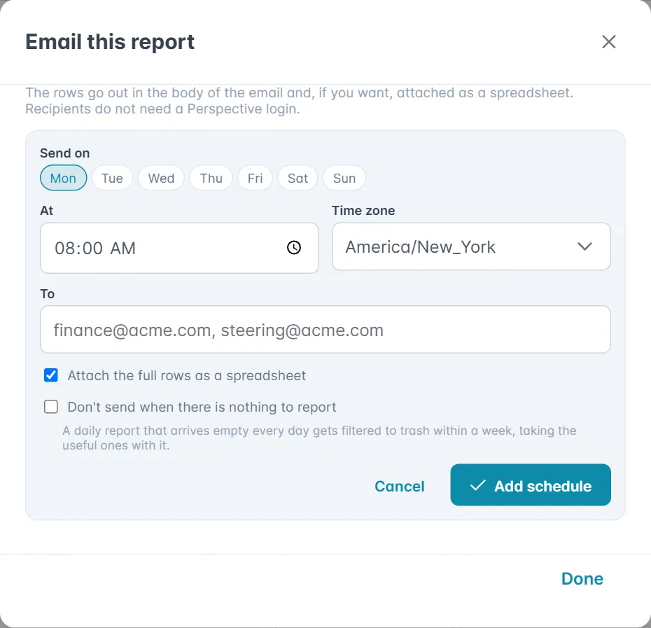 The Email this report window with days, time, time zone and recipients