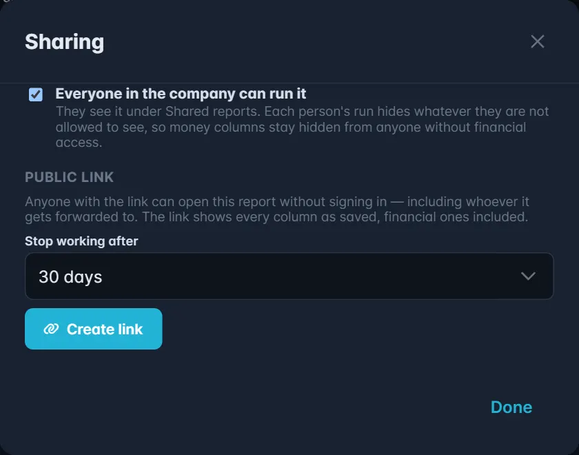 The Sharing window: share with everyone in the company, and create a public link