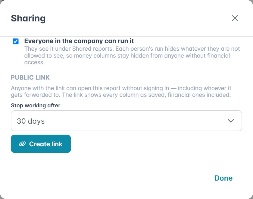 The Sharing window: share with everyone in the company, and create a public link