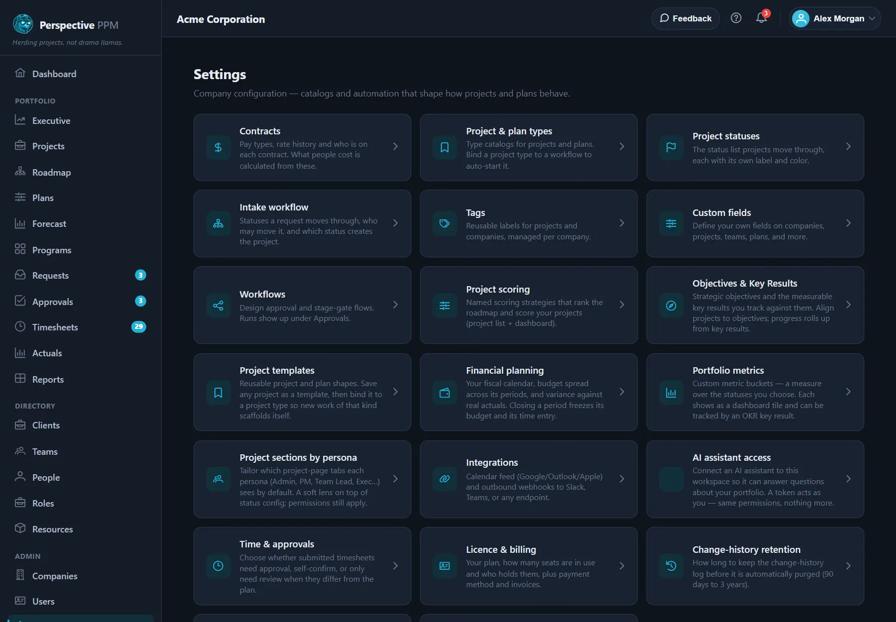 The Settings page: a card for each part of your setup