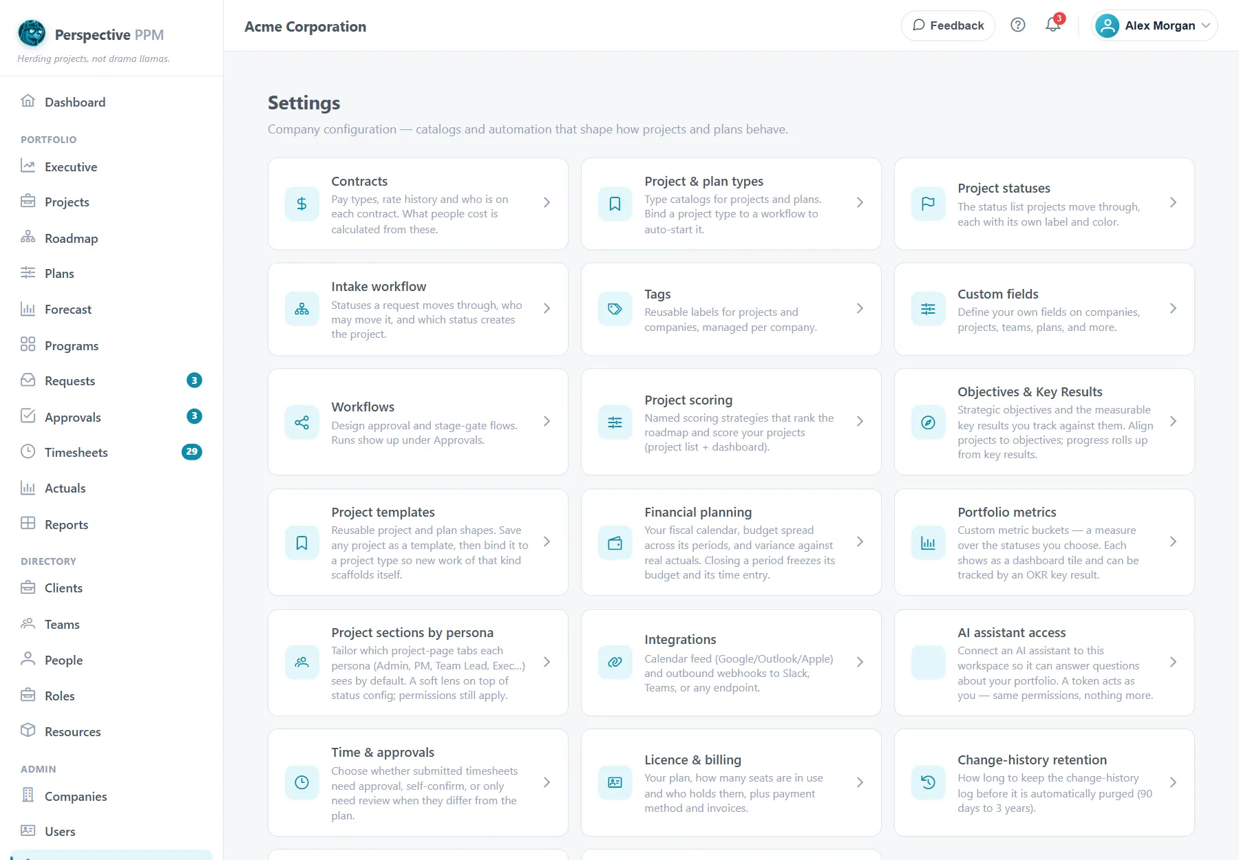 The Settings page: a card for each part of your setup