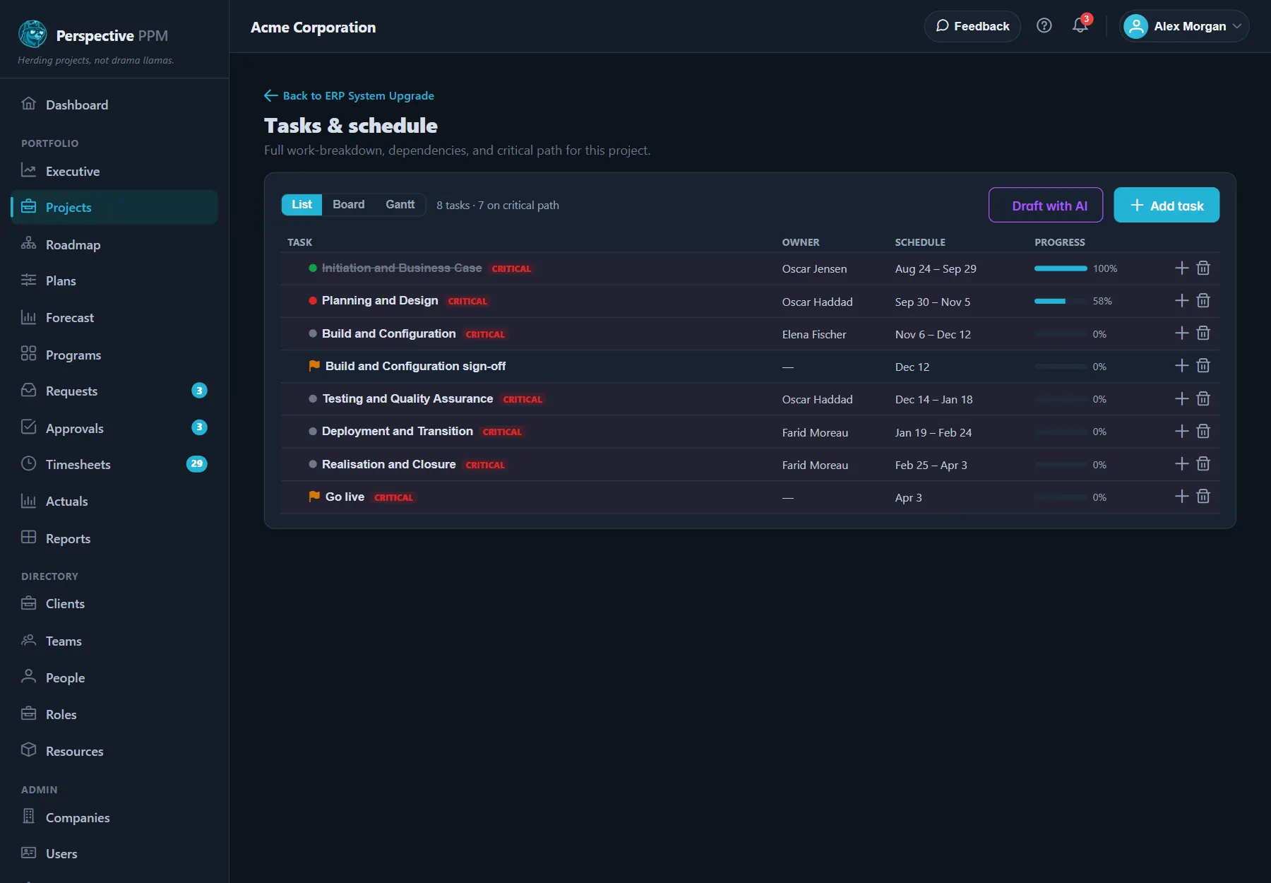 The Tasks and schedule page in List view, with subtasks indented and critical tasks marked