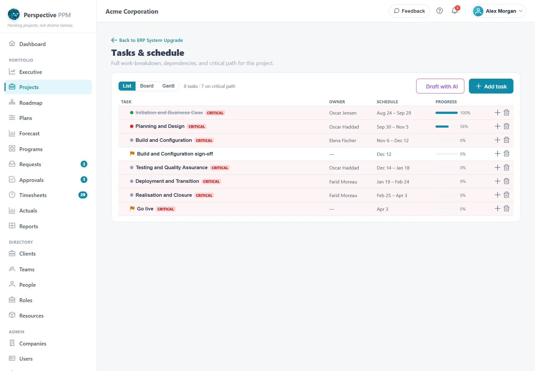 The Tasks and schedule page in List view, with subtasks indented and critical tasks marked
