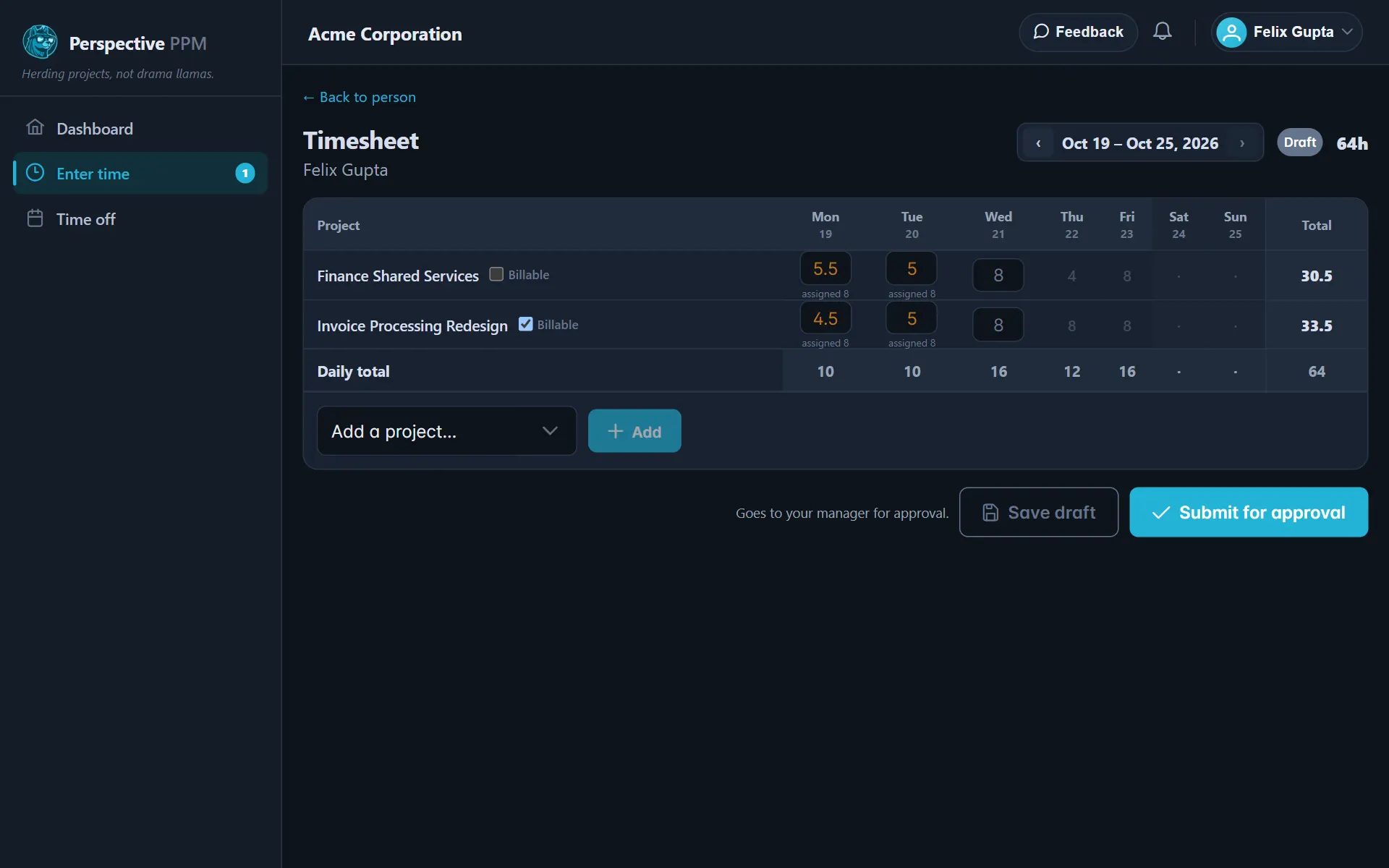 A weekly timesheet, ready to submit