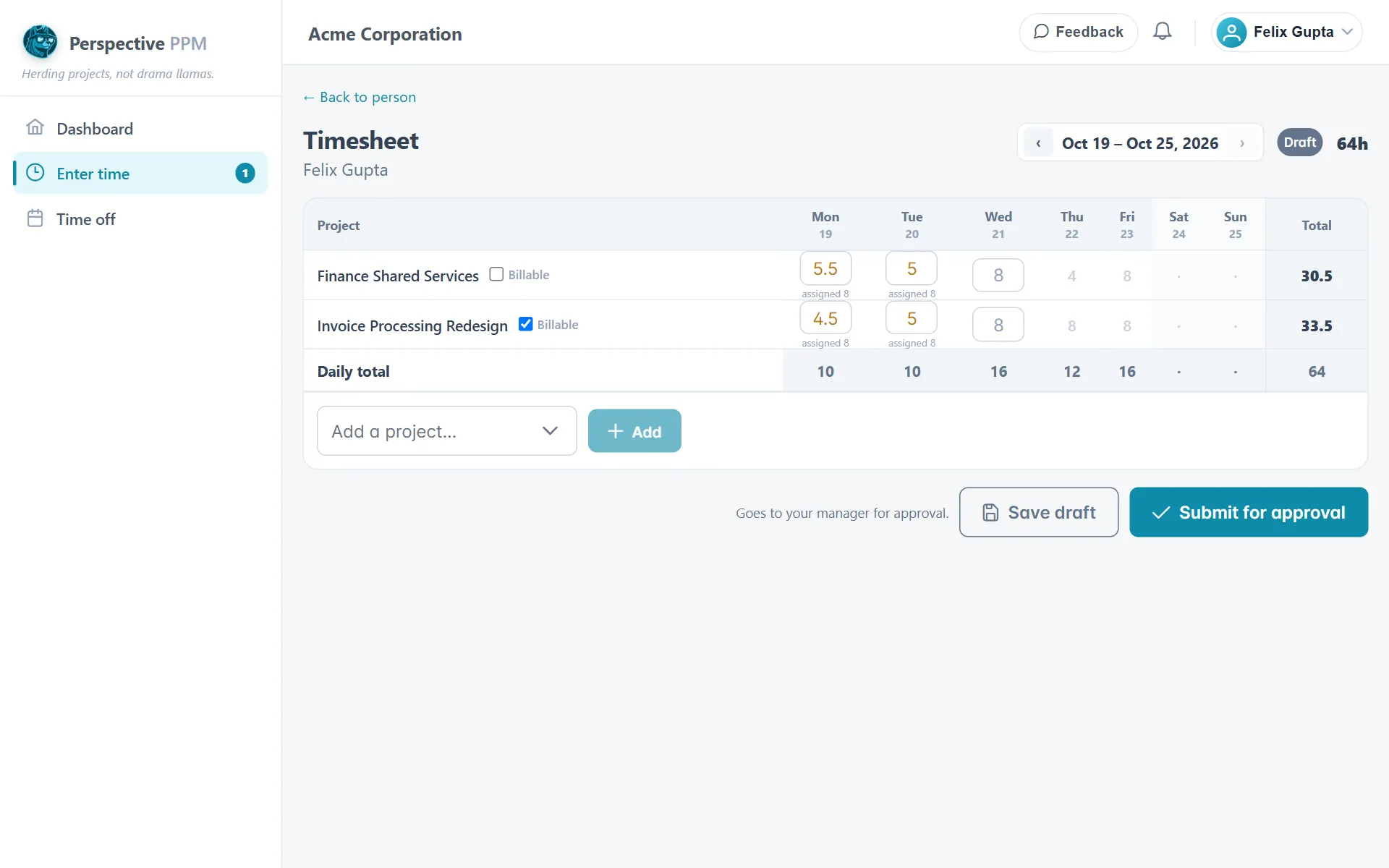 A weekly timesheet, ready to submit